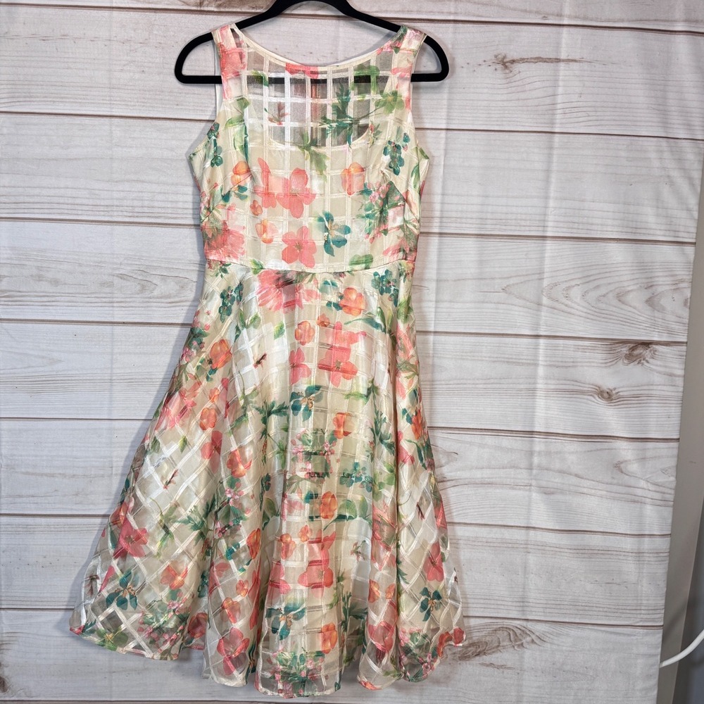 Danny and Nicole Floral Dress Womens 4 Pink Green Grid Overlay Fit and Flare
